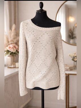 GAP Beige Open Knit Sweater Small Off Shoulder Slouchy Diamond Pattern Cozy